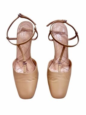 Gucci Double G Tan Leather T-Strap Square-Toe Heels Very Light Wear